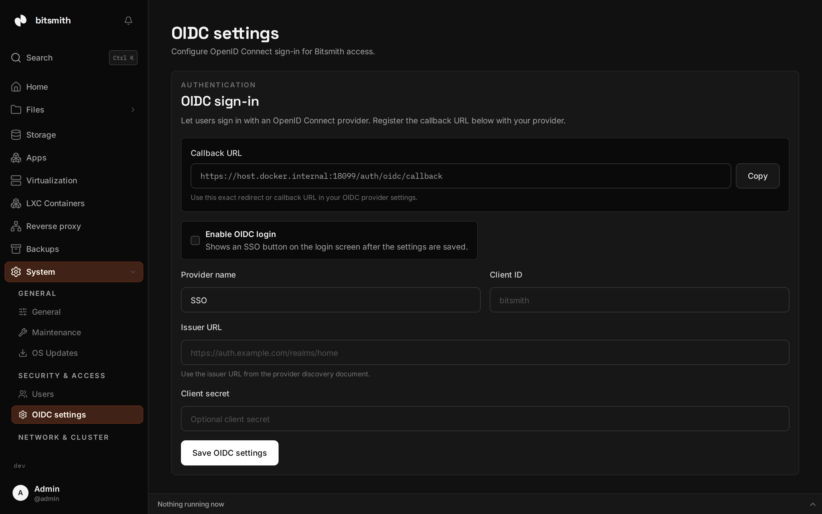 The OIDC single sign-on settings page