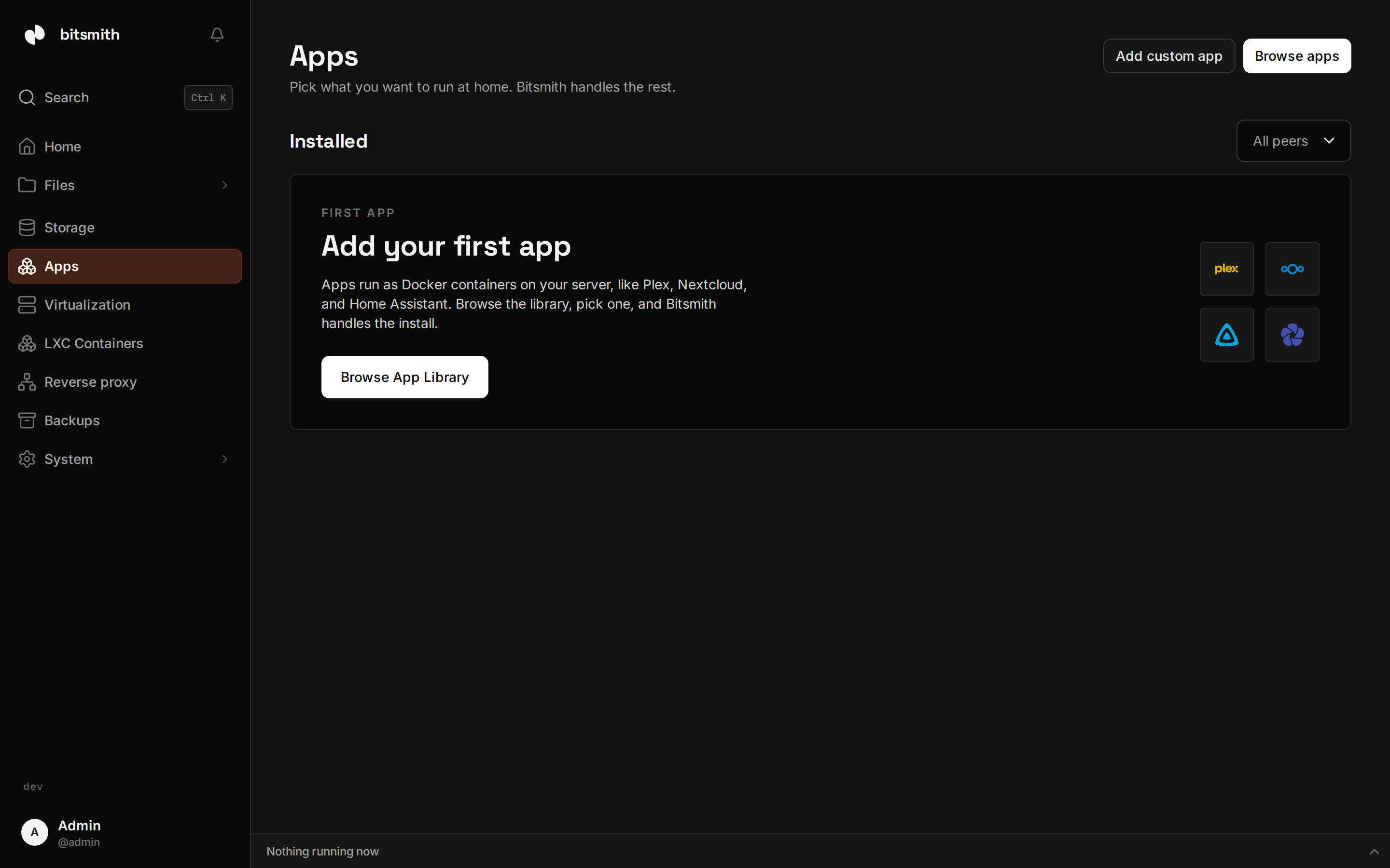 The Bitsmith app library showing installable apps by category