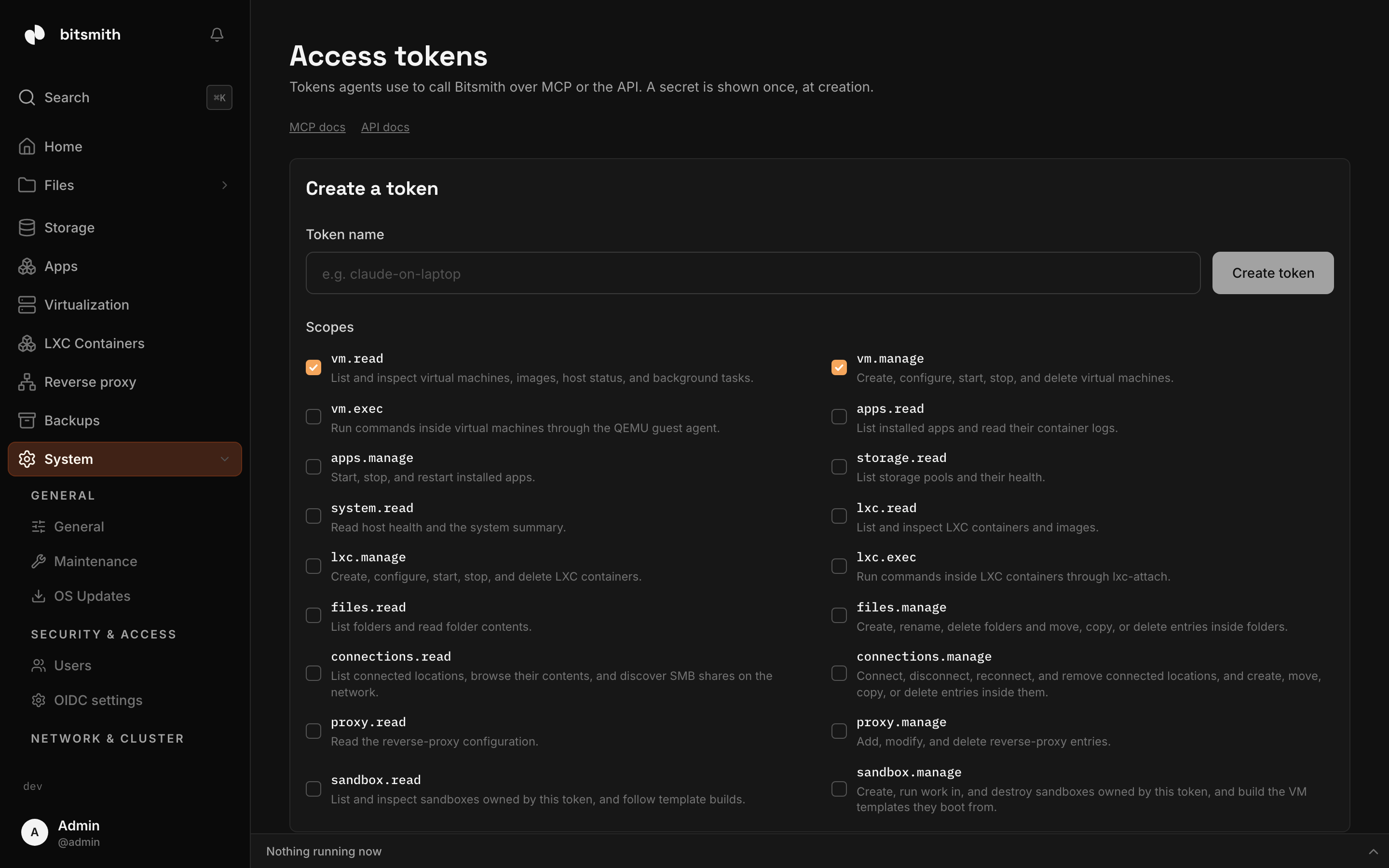 The Access tokens page: the token form and the scope checklist