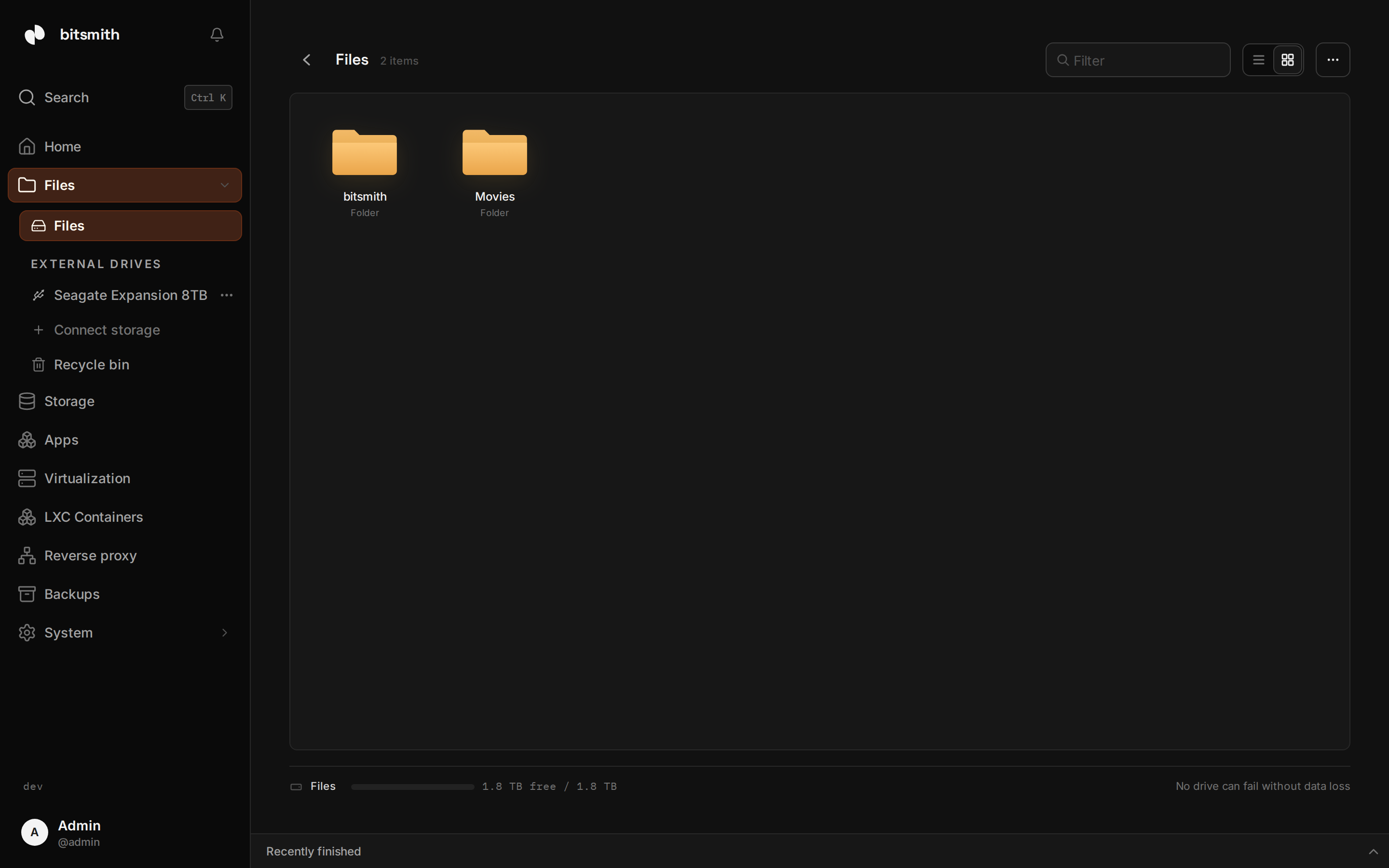 The Files view showing folders in a storage space