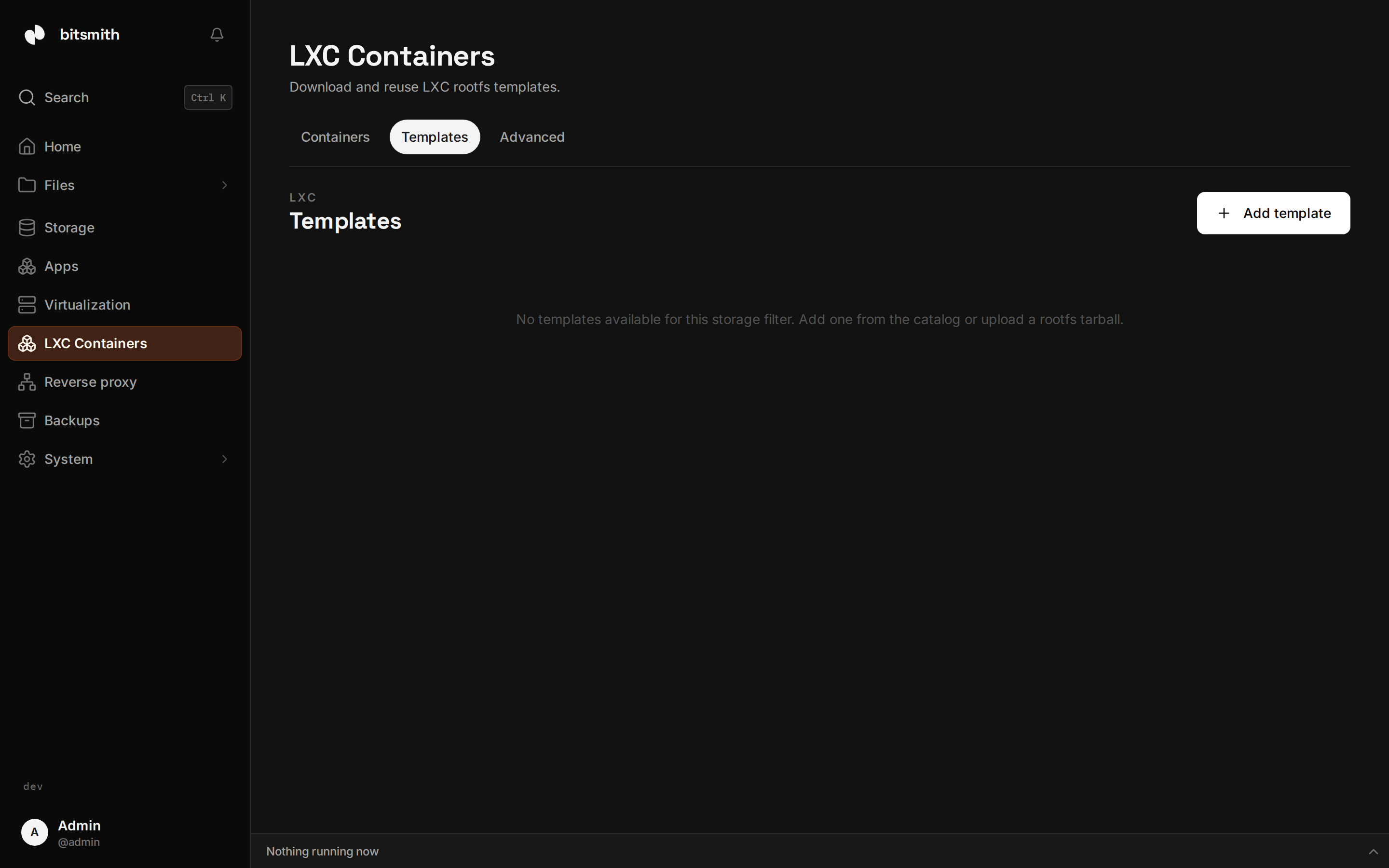 The LXC templates page showing the template catalog