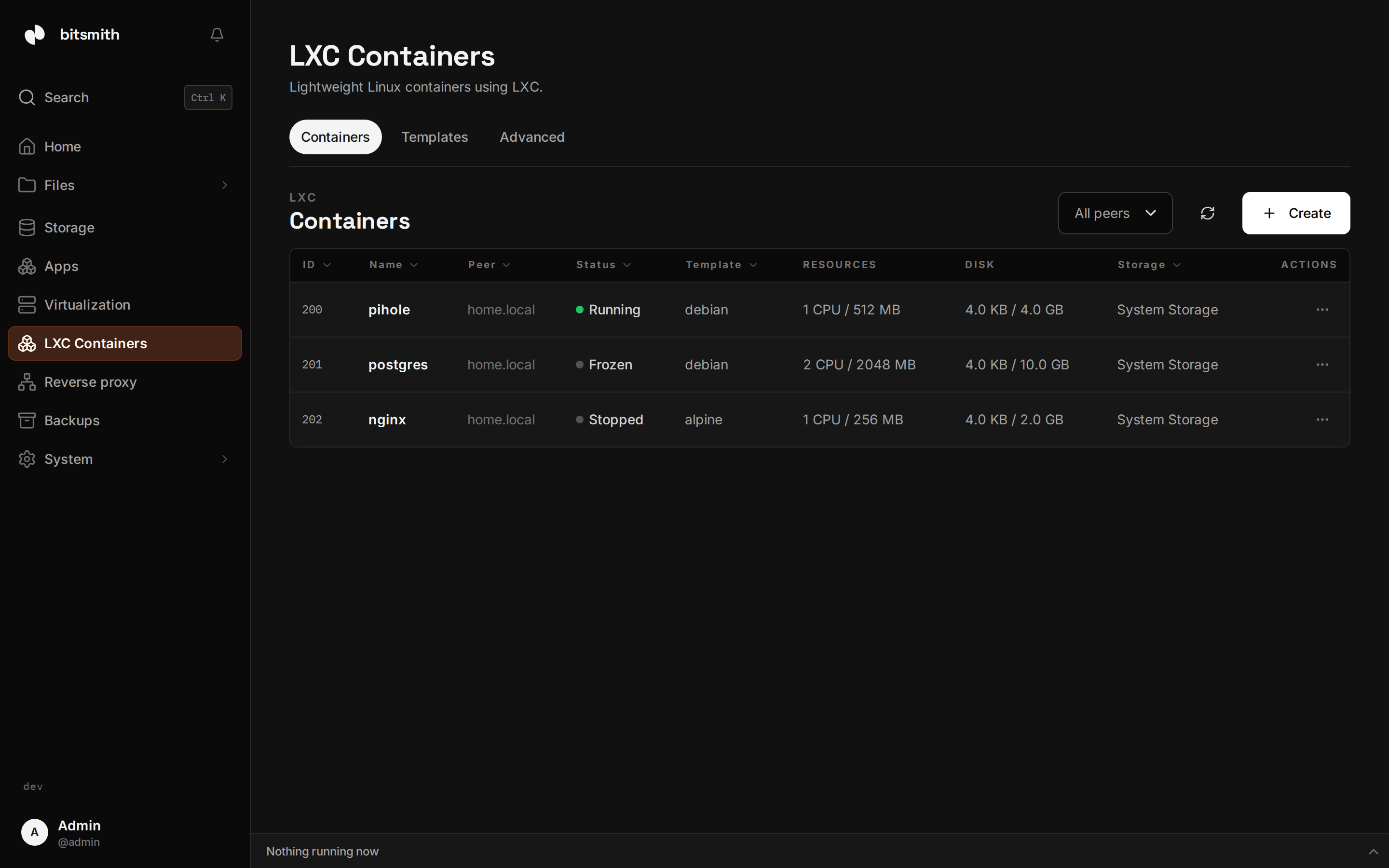 The LXC Containers page in Bitsmith