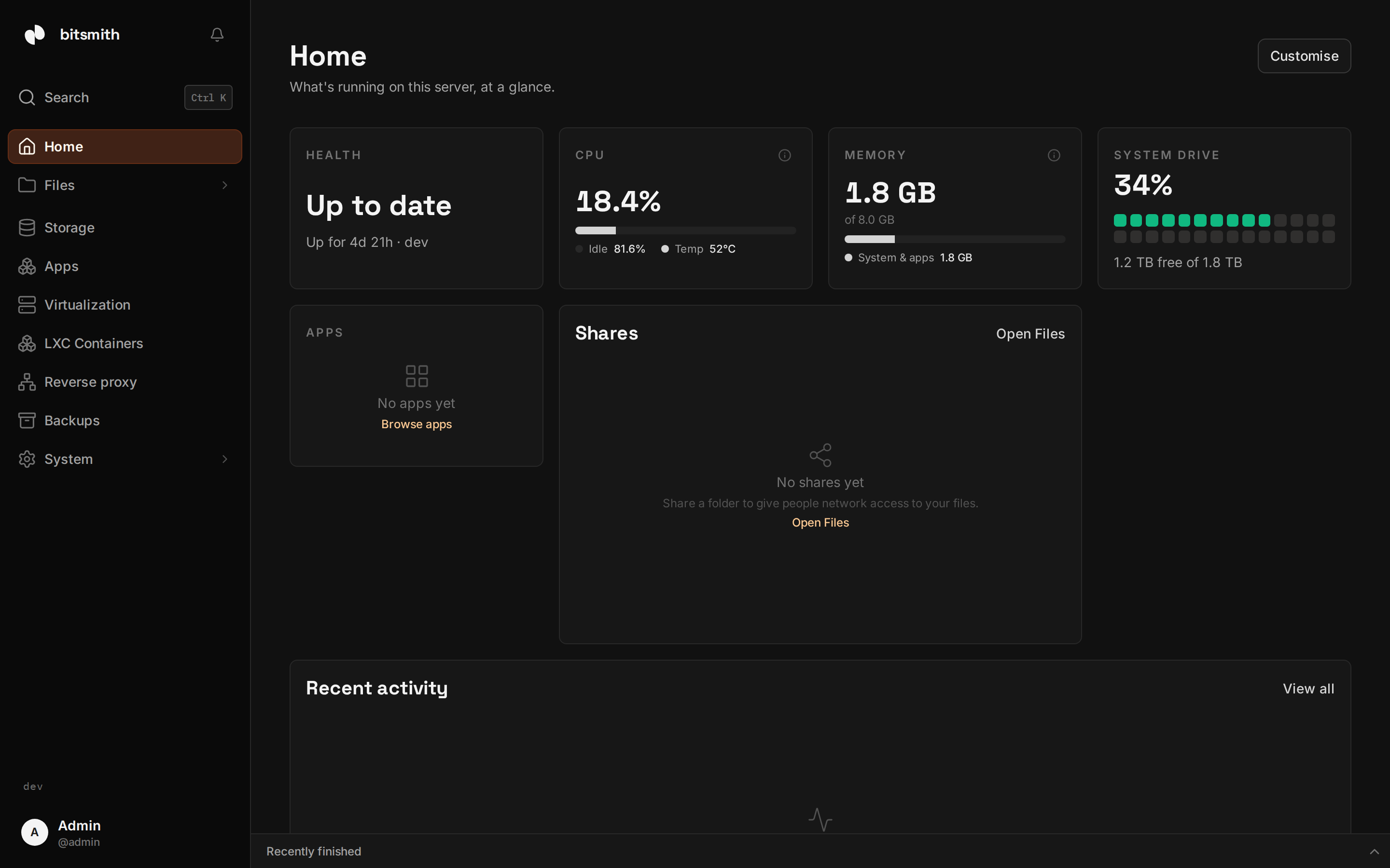 The Bitsmith Home dashboard showing server health, storage, and apps
