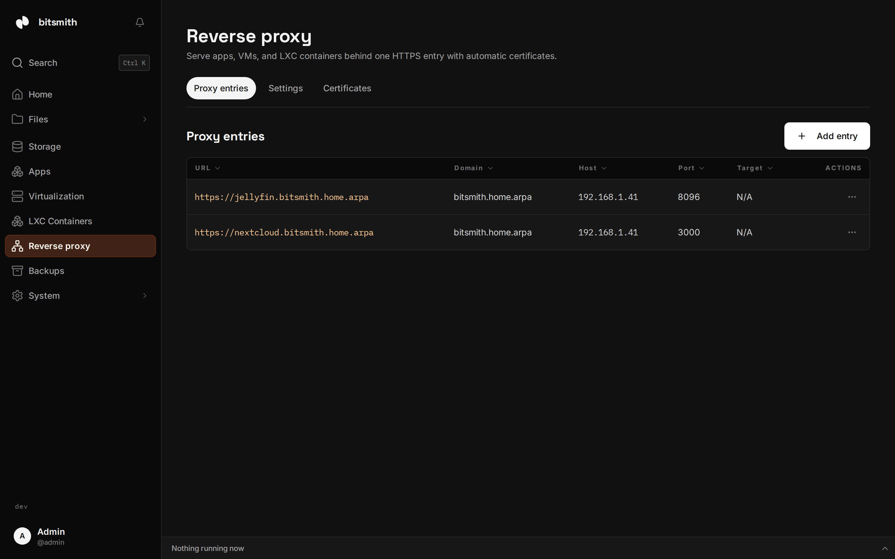 The Reverse proxy page in Bitsmith