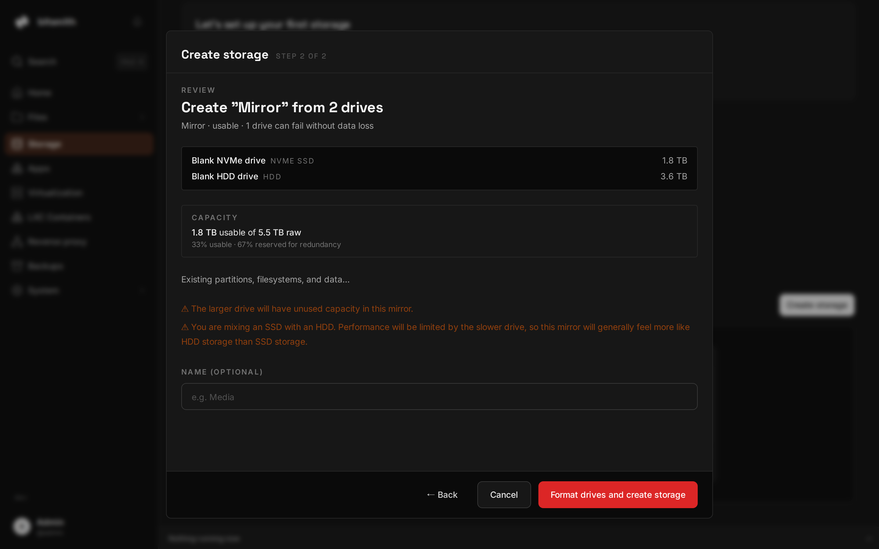 The create storage dialog showing a mirror layout and capacity breakdown