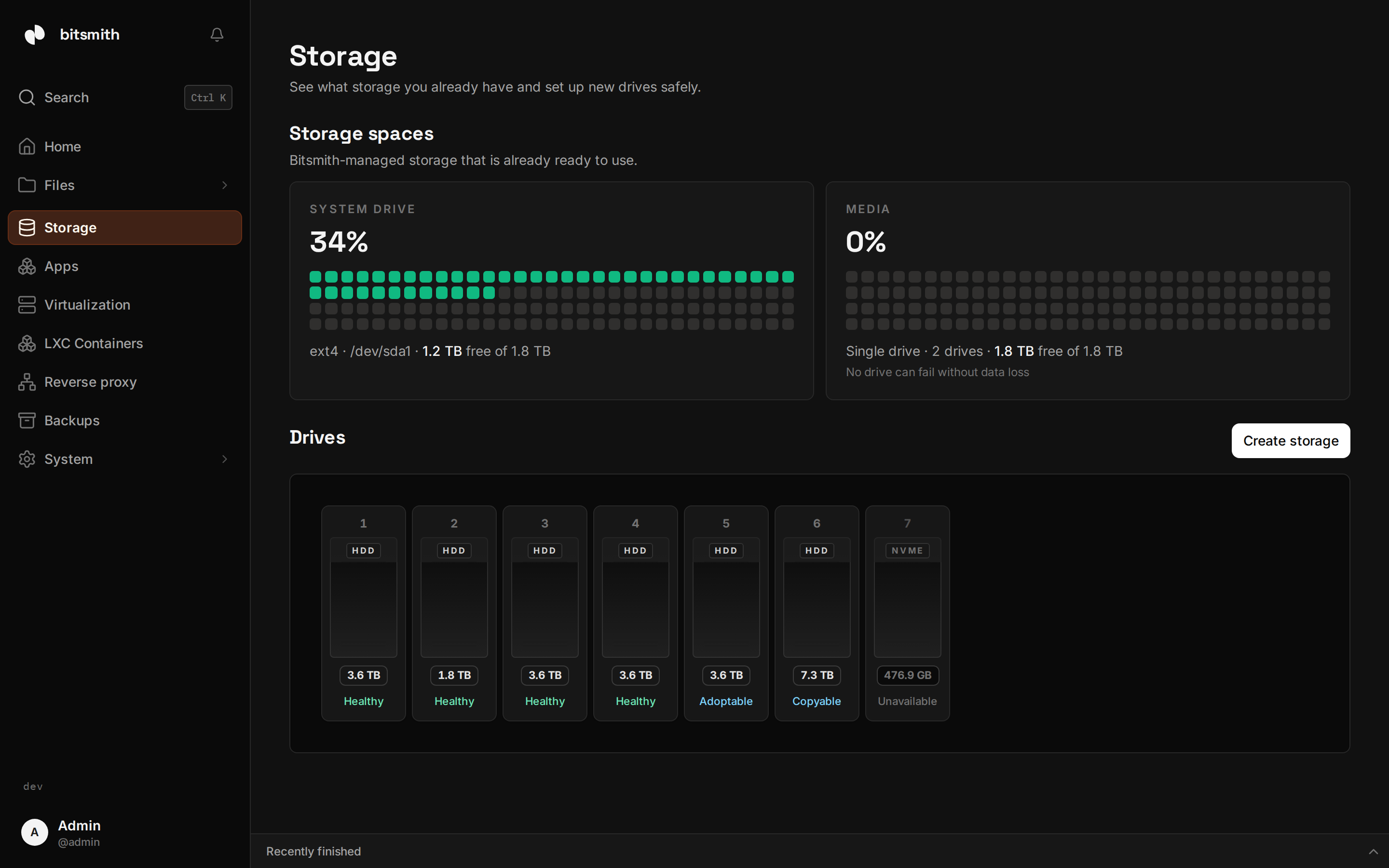 The Storage page showing a storage space and the grid of detected drives