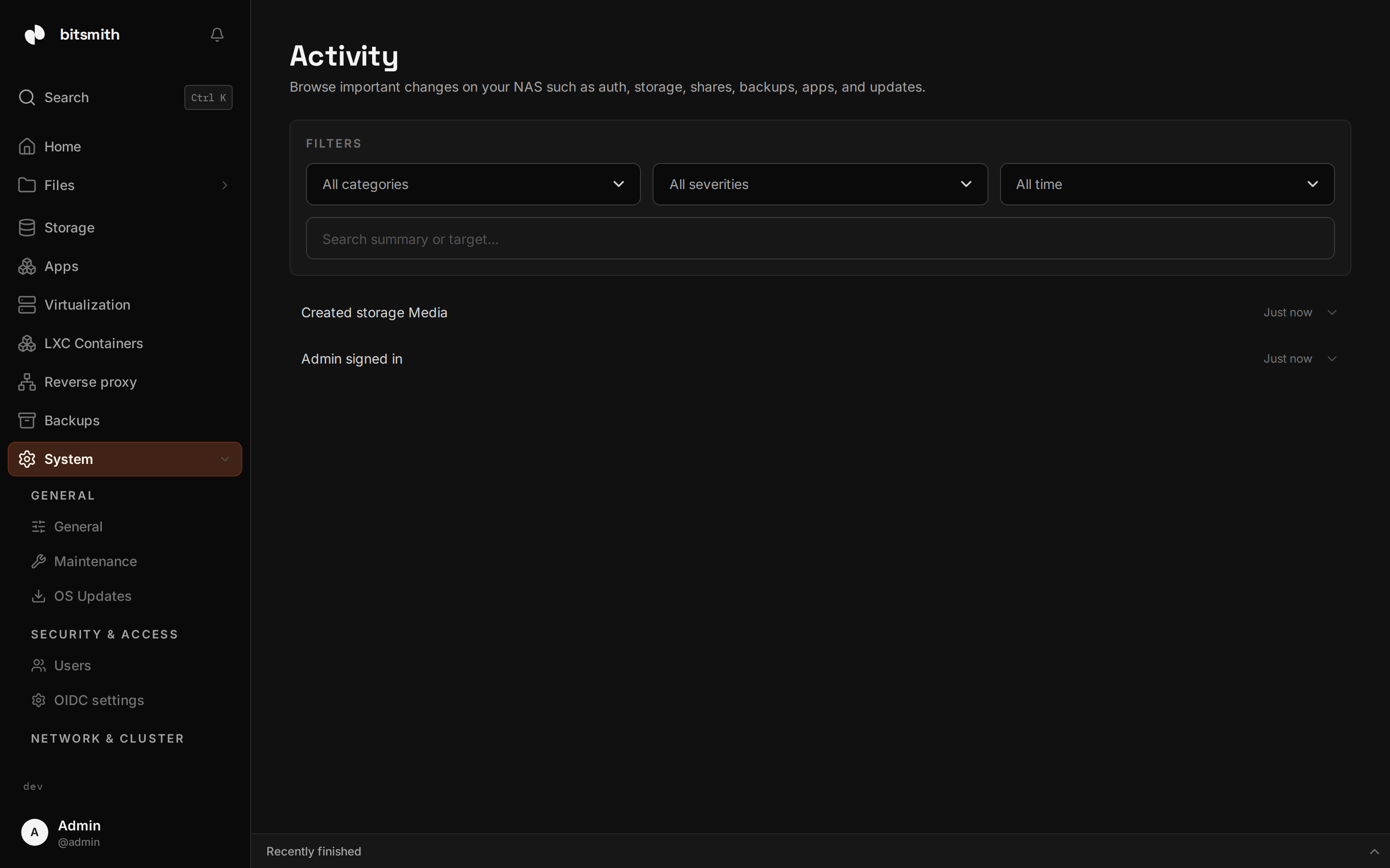 The Activity log showing recorded events with filters