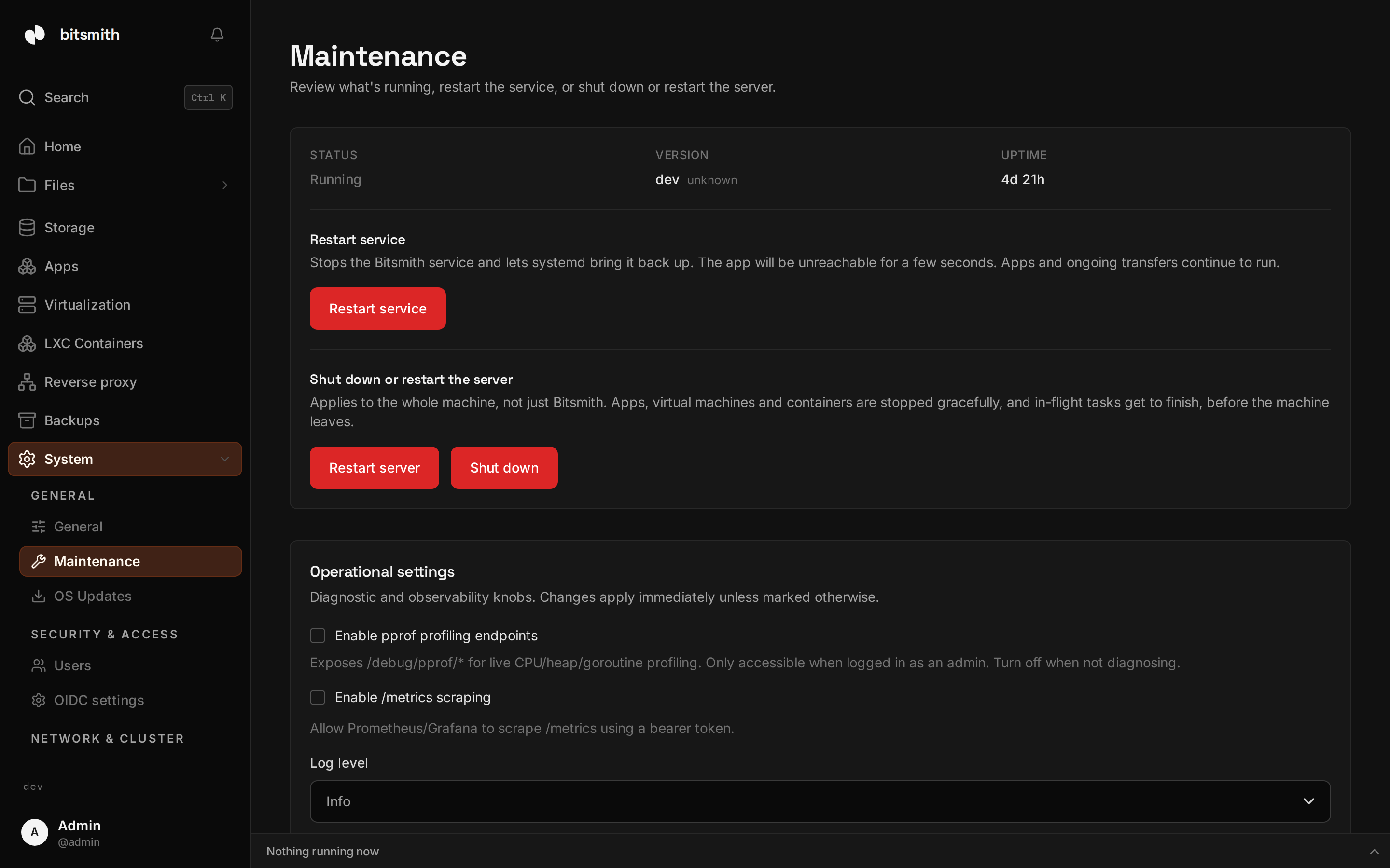 The Maintenance page showing service status, version, and uptime