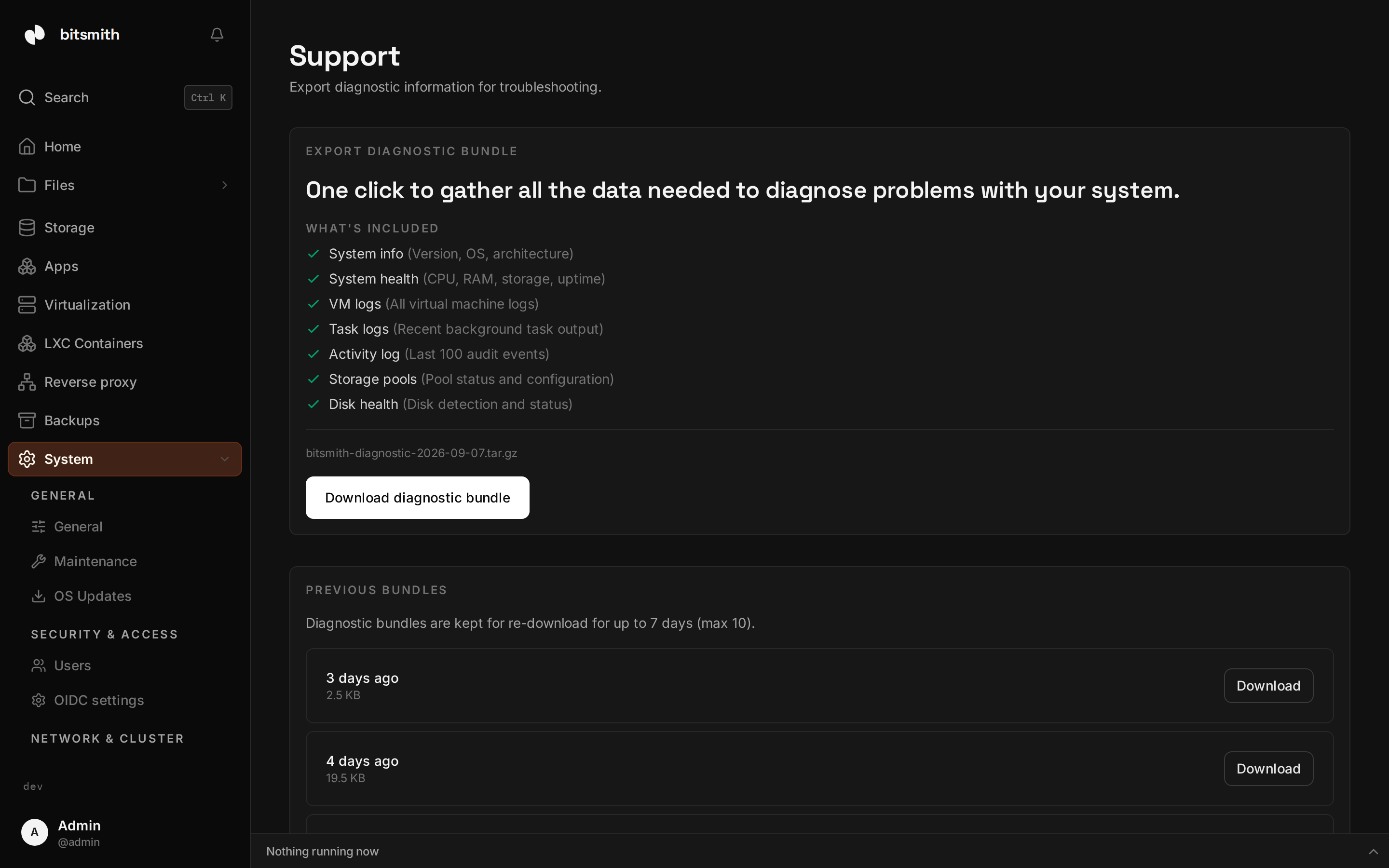 The Support page in Bitsmith