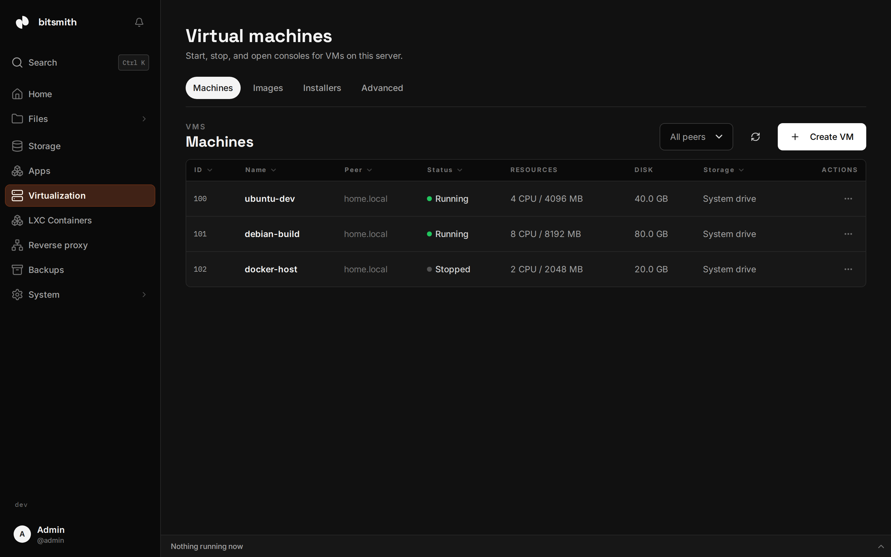 The Virtual machines page in Bitsmith
