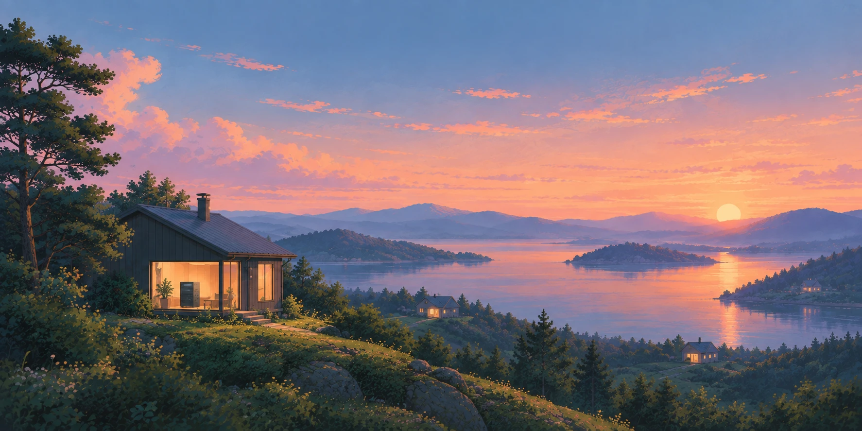 A cabin at dusk overlooking the water, a server rack glowing inside, with the lights of other homes on the far hills